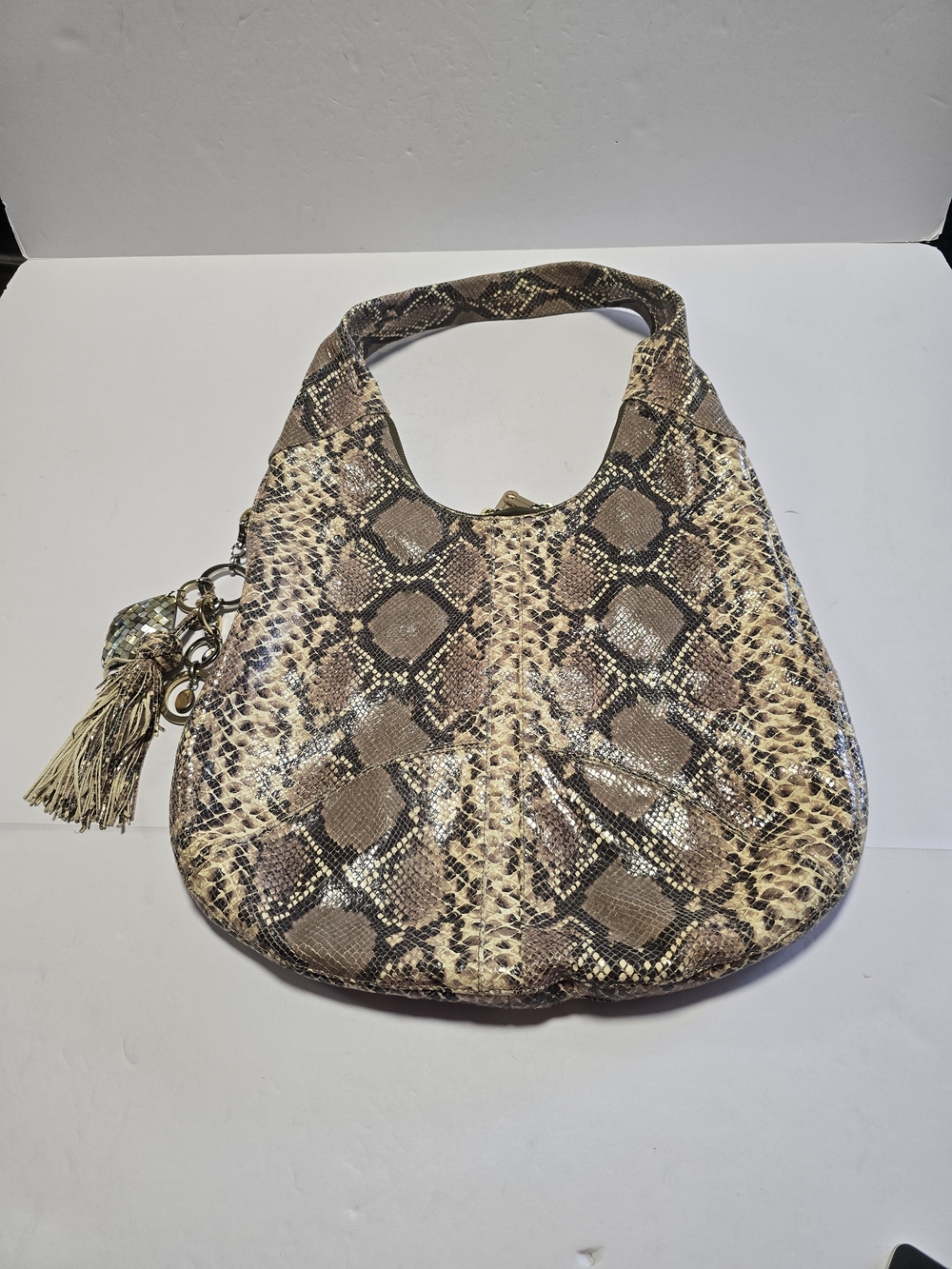 Alexis Hudson Hobo Bag Womens Large Brown Faux Leather Snakeskin Tassel Shoulder